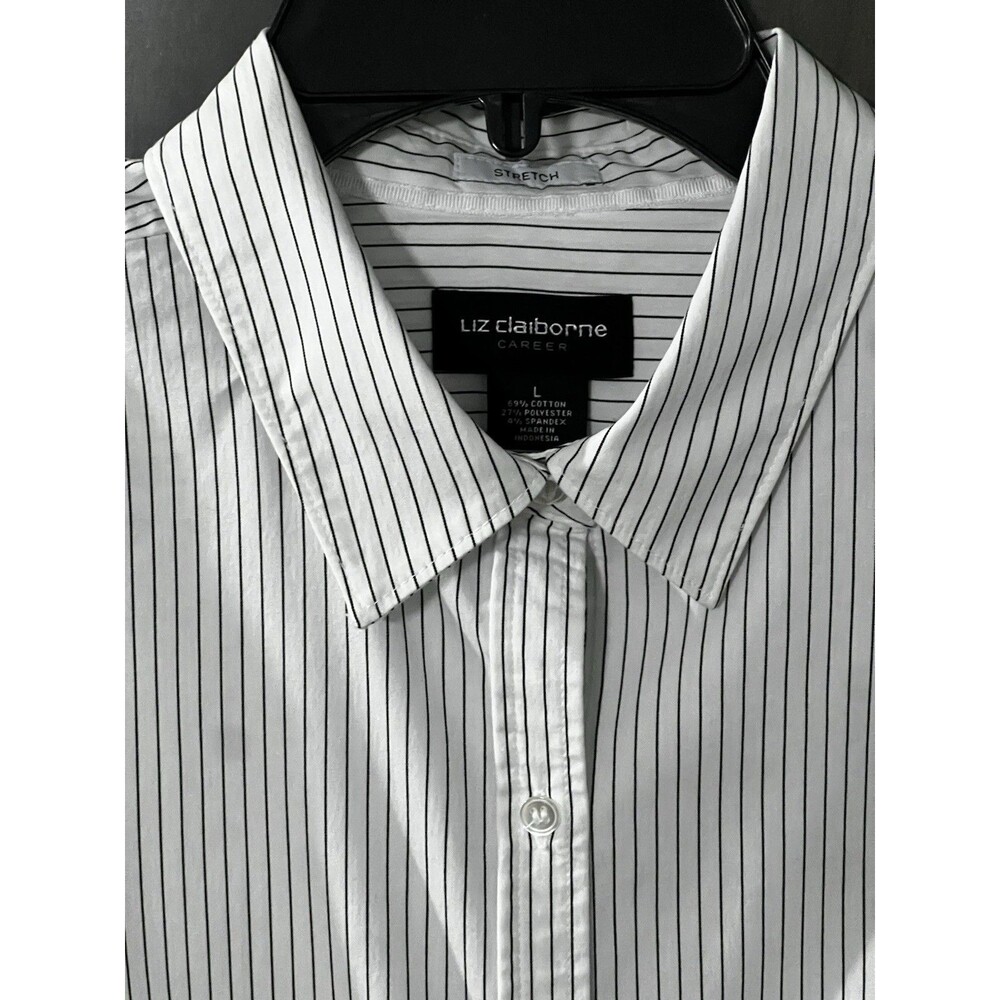 Liz Claiborne White Pinstripe Button Up Collared Short Sleeve Blouse Shirt Large - Picture 2 of 8